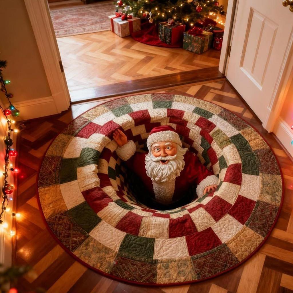 Flat 3D Visual Effects Santa Claus Carpet Doggy Gnome Pattern Quilted Round Mat 40in Christmas Decorations Rug Home Decor