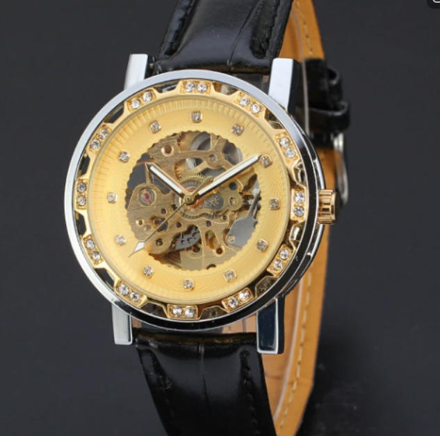 Forsining Three-Pin Automatic Hollow Double Rhinestone Gear Back Through Men'S And Women'S Leisure Mechanical Belt Watch D121