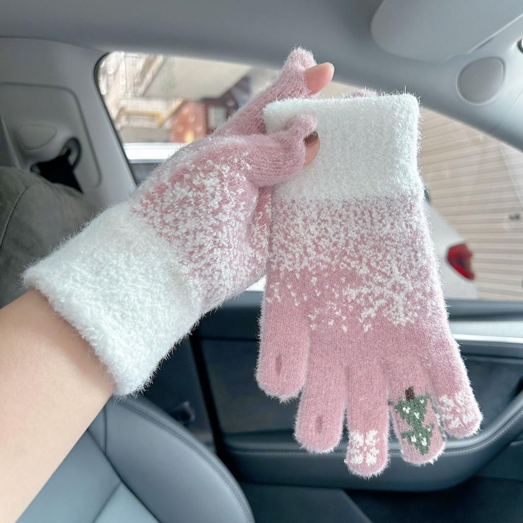 Gloves cute female Christmas dew finger winter festival touch screen thickened warm knitted plush cold and windproof cycling man