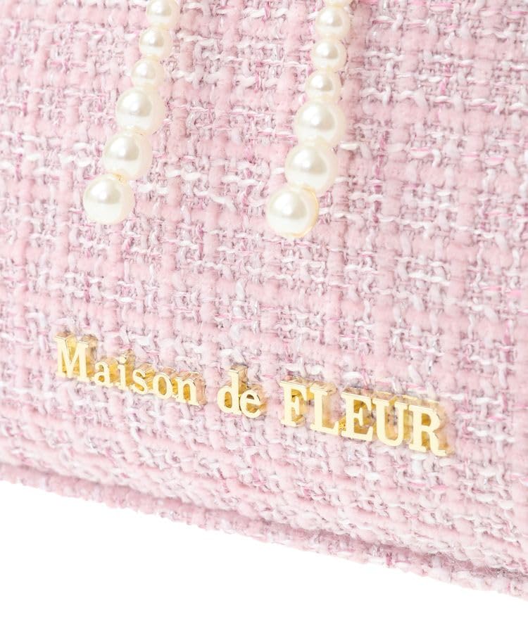 De Apparel Pink Tweed Pearl Ribbon Round Pouch for Pink [Maison Fleur] Women,