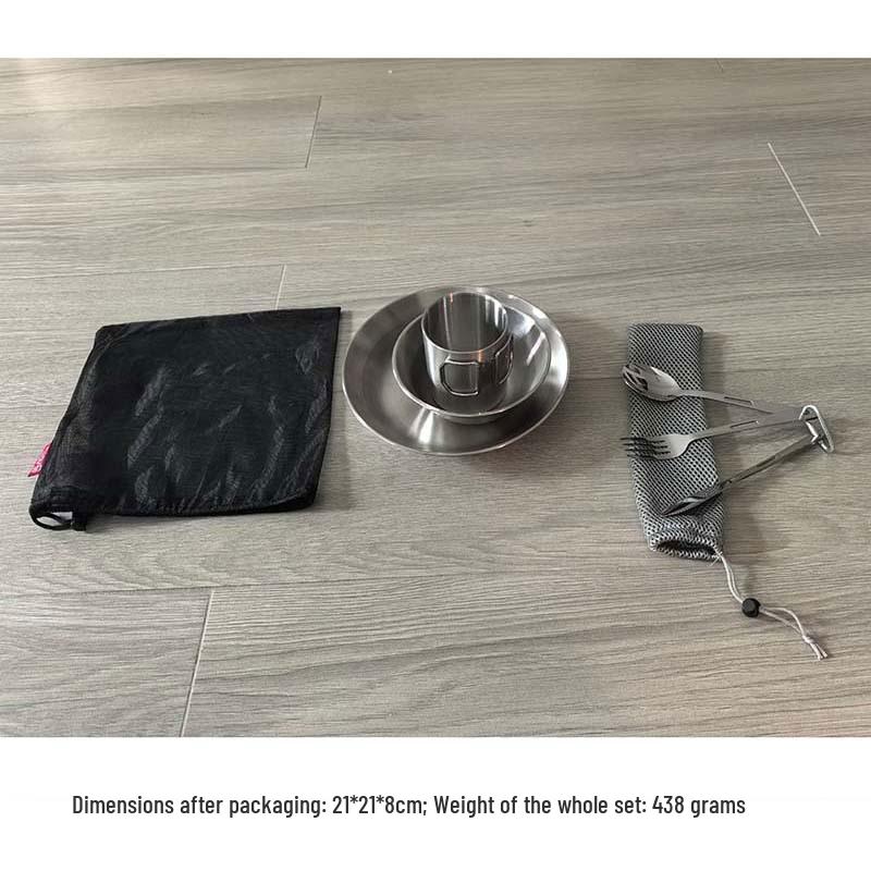 Portable Stainless Steel Camping Tableware Set: Includes Bowls, Plates, Spoons, Forks, Knives for Outdoor Picnics