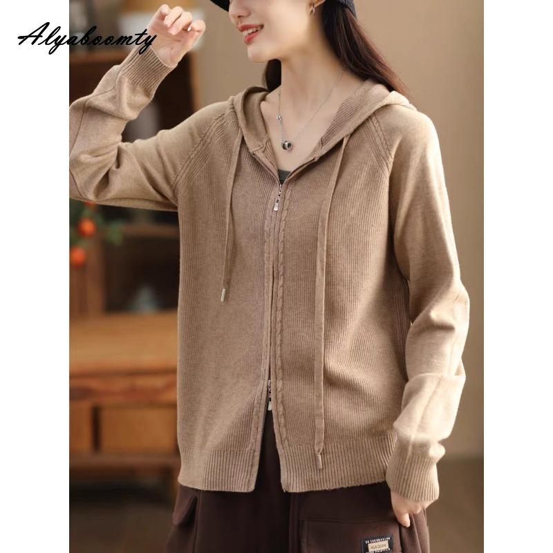 

Корейская мода Осень Зима Женский Однотонный Базовый Кардиган с Капюшоном Базовое Вязаное Пальто на Молнии Повседневное Свободное Все-Сочетающееся Женское Верхняя Одежда XL светло-коричневого