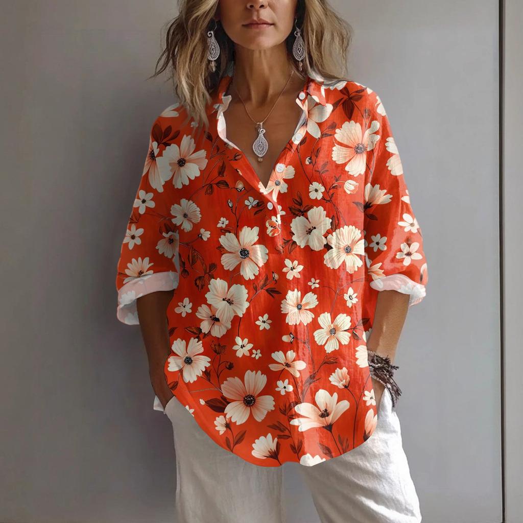 Women's Casual Spring And Summer Loose Printed Casual Sleeved Lapel Pullover Shirt