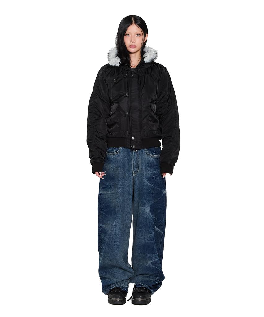 Aakam Hooded Fur Ma-1 Jacket (Black)