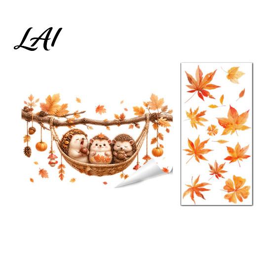 Autumn Window Clings 2Pcs Fall Maple Leaves Animals Static Stickers Squirrel/Hedgehog/Rabbit/Raccoon Glass Home Ornament PVC Waterproof for