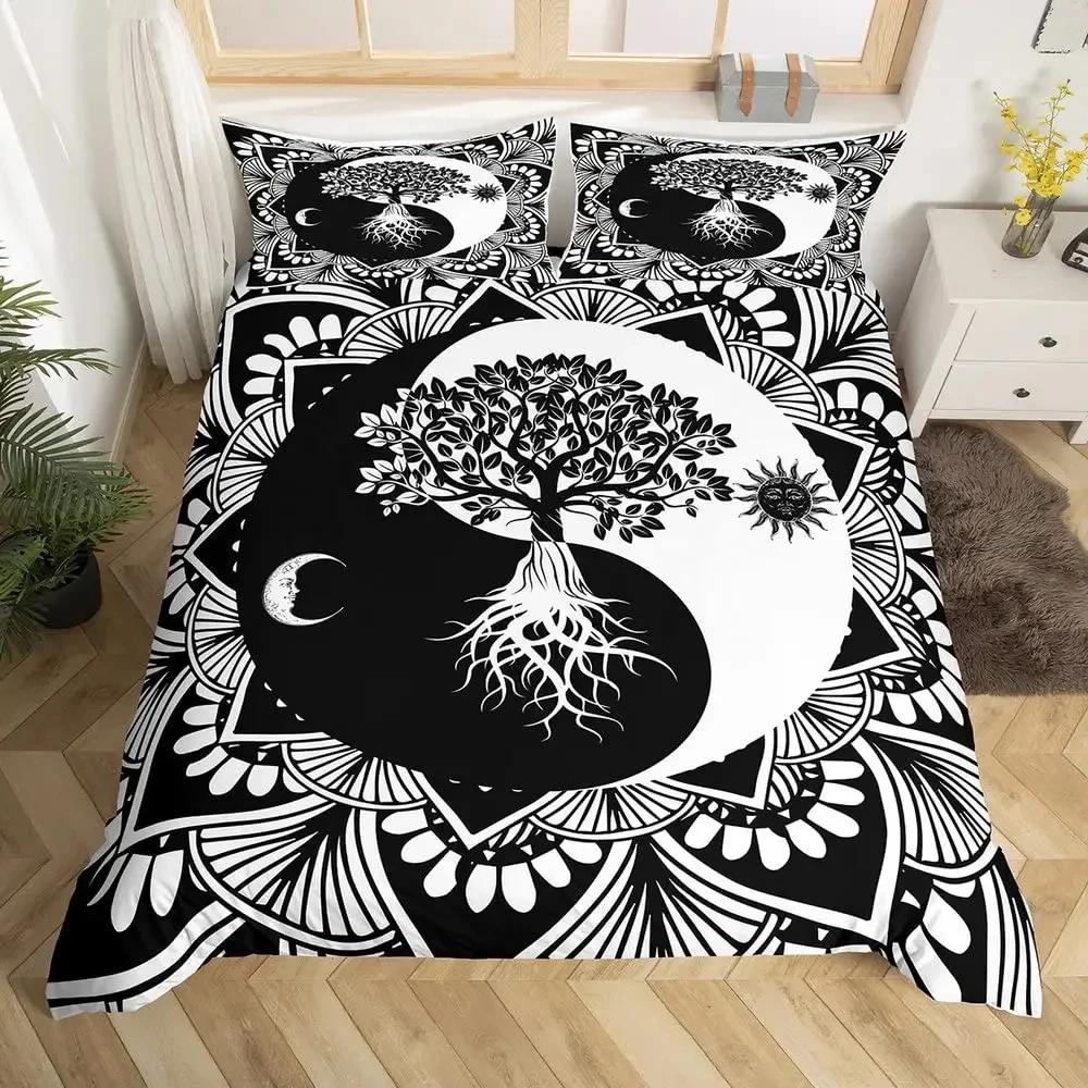 Yin Yang Duvet Cover Set Tiger and Dragon Comforter Cover Set Traditional Gossip Pattern Yin Yang Theme Bedding with Pillowcase