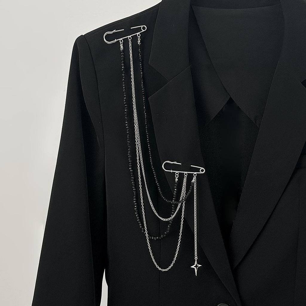Punk Hip-hop Star Chain Multi-layer Personalized Tassel Double Needle Brooch Men's and Women's Set Brooch Jewelry
