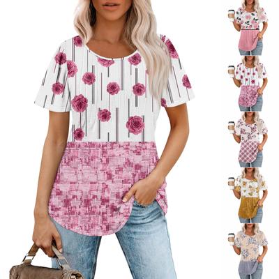 Women's Fashionable Casual Pleated Round Neck Printed Short Sleeved T-shirt Top