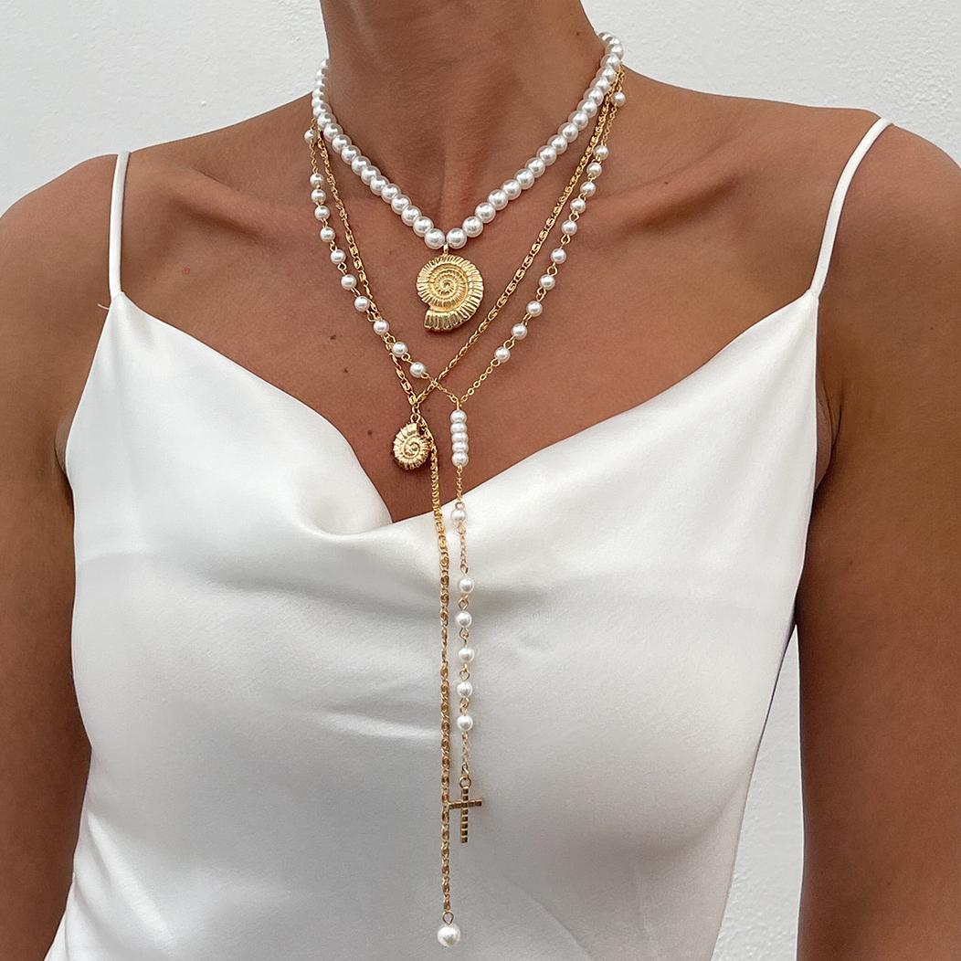 

3Pcs/Set Pearl Conch Y-shaped Tassel Pendant Necklace for Women Ocean Shell Choker Multilayer Stacked Tape Metal Chain Zircon