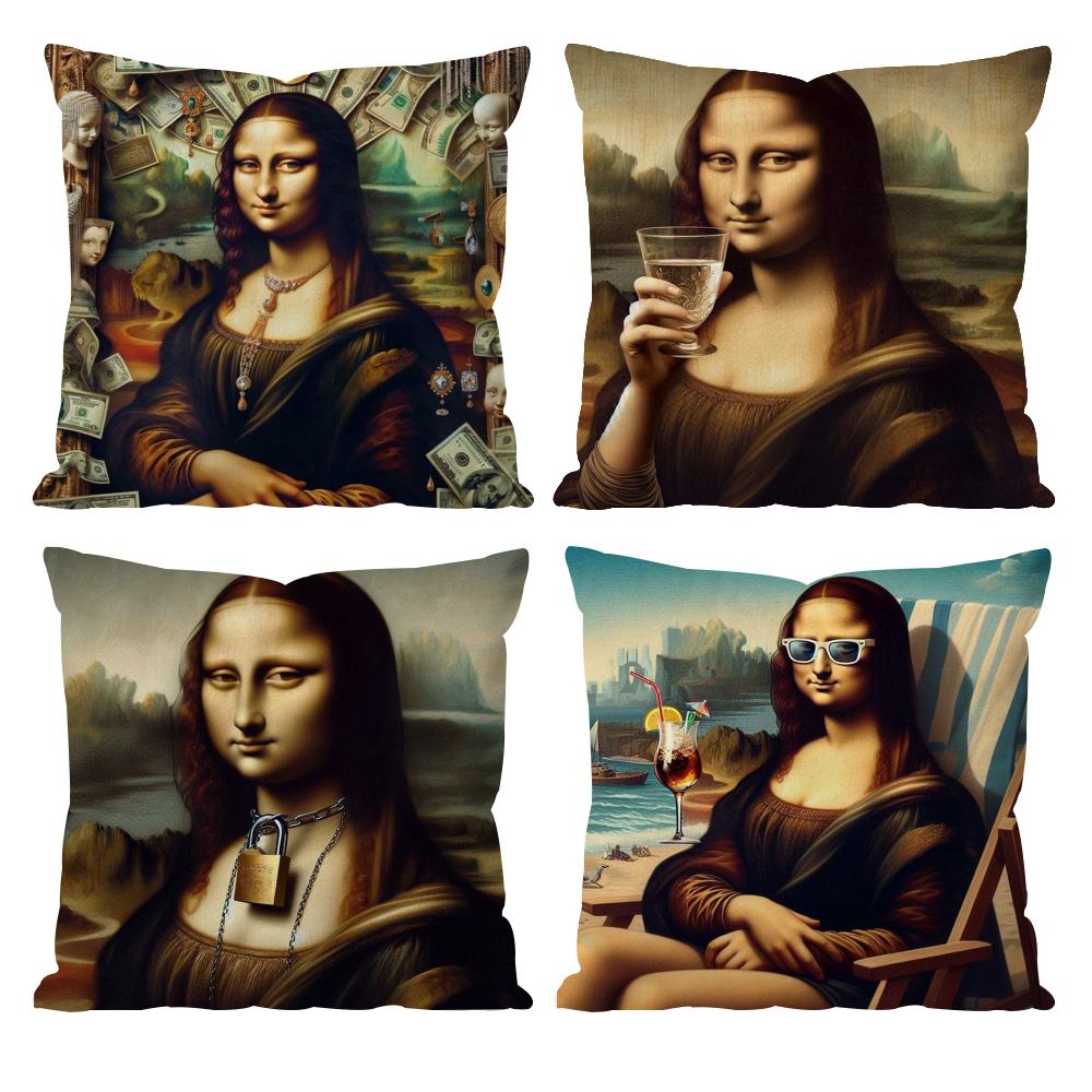 Modern Art Funny Mona Lisa Cushion Cover Pattern Printed Pillowcase for Living Room Sofa Cushion Cover & Bedroom Decor