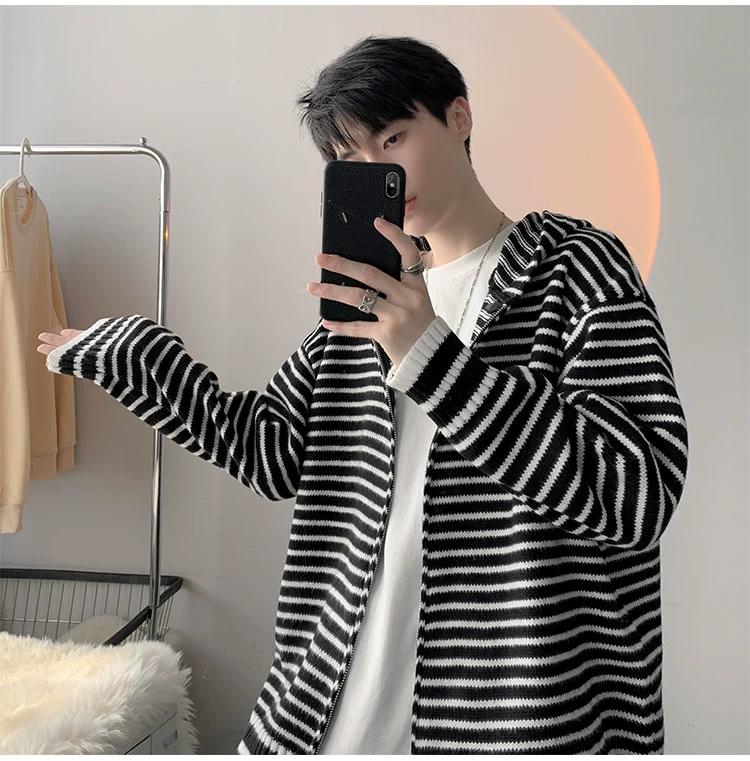 Autumn and Winter Striped Hooded Cardigan Sweater Jacket Men's Casual Trendy Brand Color Matching Versatile Student Trendy Zipper Sweater