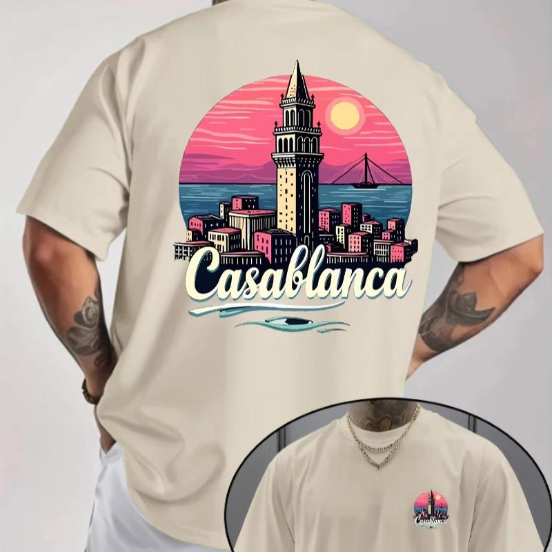 

Men s Women Retro Morocco City Print T-shirt - Summer Casual T-shirt with Crescent Moon and Urban Landscape Design Short-sleeved 4XL