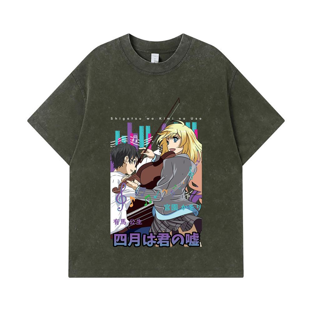 

275 GSM Washed T-shirts 100% Cotton Your Lie in April V1 Print Unisex Heavy Cotton T Shirt S армия зеленый
