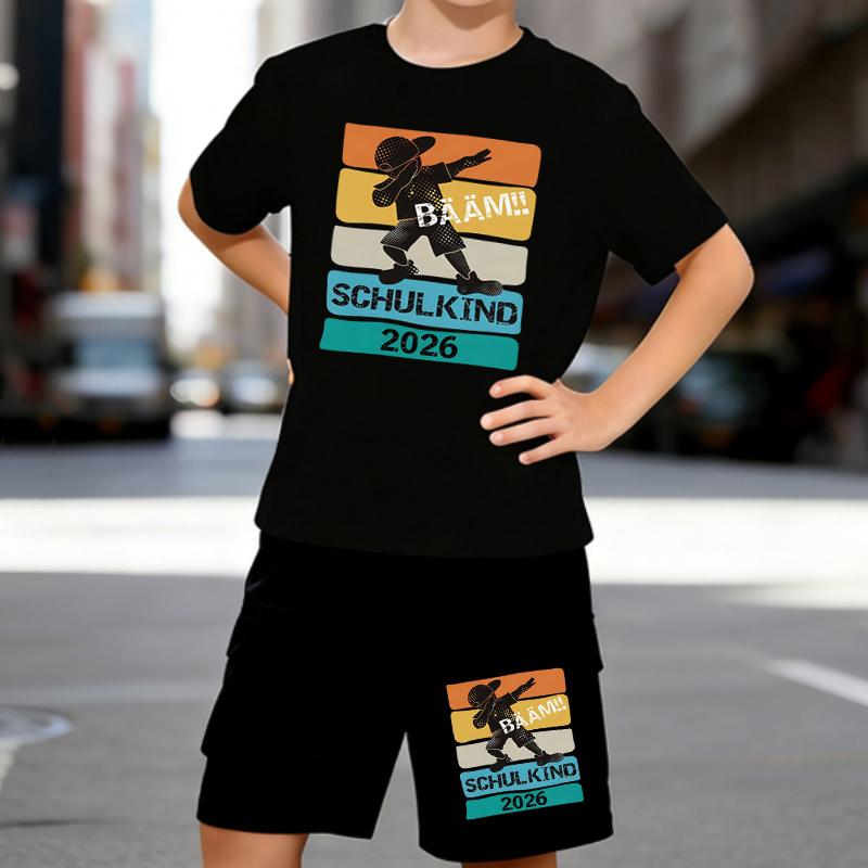 

Boys 2 Piece Entrance Commemoration Printed outfit, Short Sleeve T-Shirt and Shorts Set for Kids Age 5-14,Black ,White Sporty Casual Summer Clothes 5-6 Years чёрный
