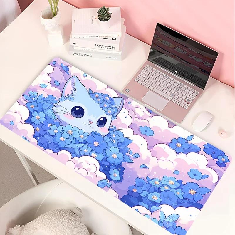 White Black Cat Leather Mouse Pad PC Green Plants Flower Gaming Keyboard Rug Laptop Anime Gamer Cabint Mousepad Cute Desk Mat