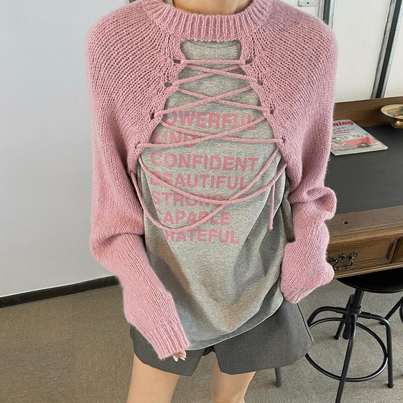 

Корейский модный розовый укороченный свитер, женский вязаный пуловер в стиле Харадзюку, свободные топы на шнуровке Y2K, джемпер, уличная одежда