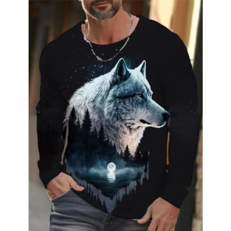 Round Neck 3D Animal Wolf Pattern Printed Top Fashionable Casual Long Sleeved Men's T-shirts