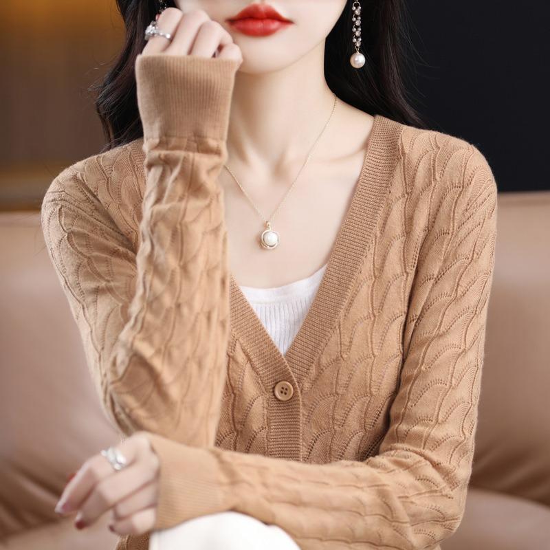 Women S V Neck Long Sleeve Knit Cardigan Slim Fit Solid Color Outerwear