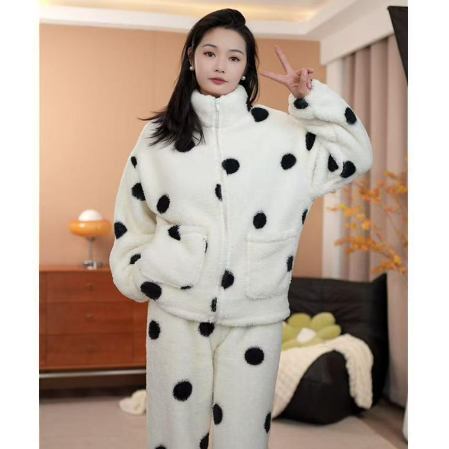 Women's Pajamas Coral Winter Polka Dot Zipper Plus Velvet Thickened Flannel Home Service Warm Suit Stand-up Collar