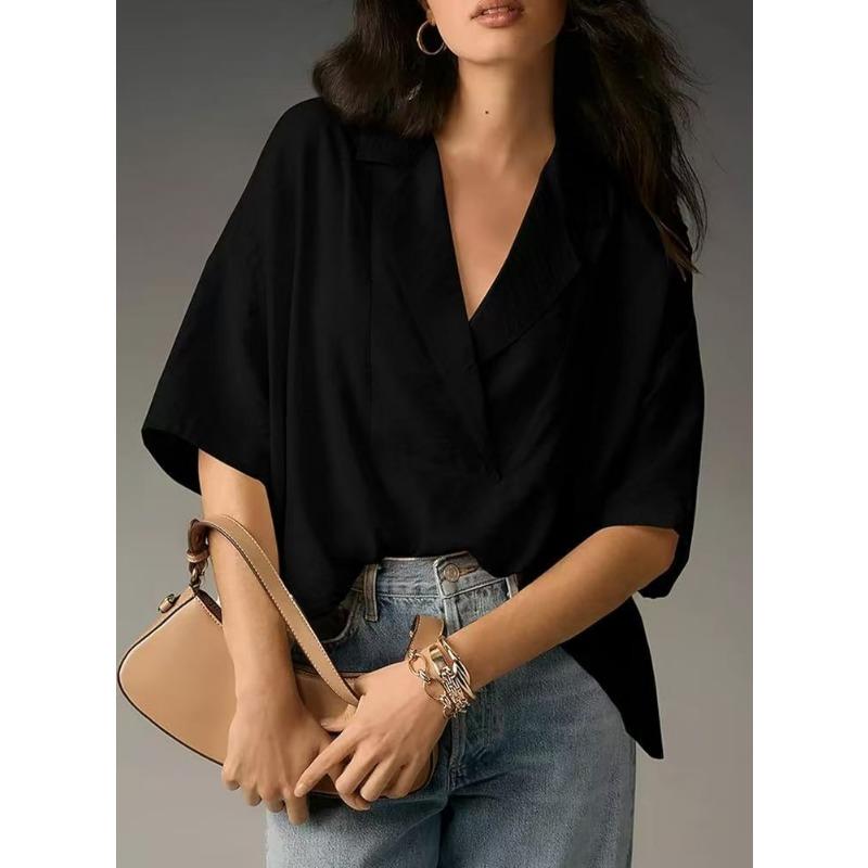Loose Fit Short Sleeve Turn Down Collar Solid Color Casual Shirt With Pleats