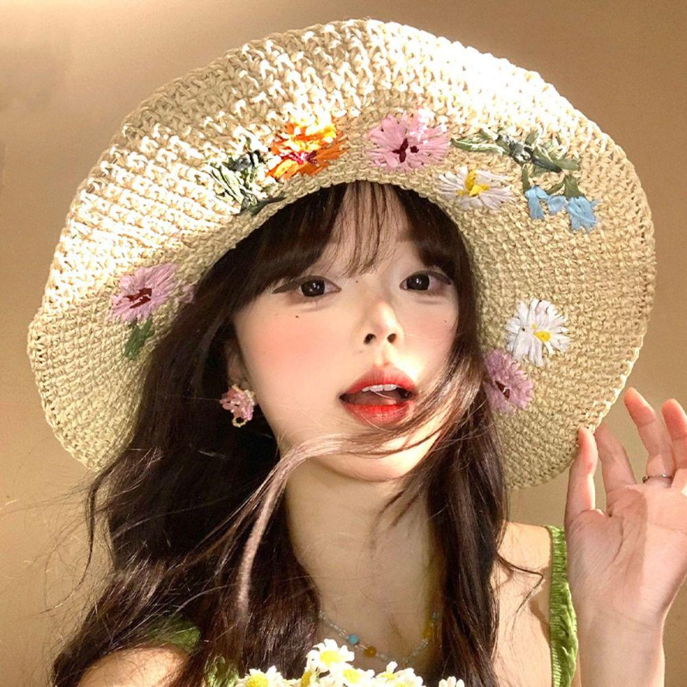 Colorful Flower Straw Hat Embroidered Flower UV Protection Cap Sweet Beach Hat Girls