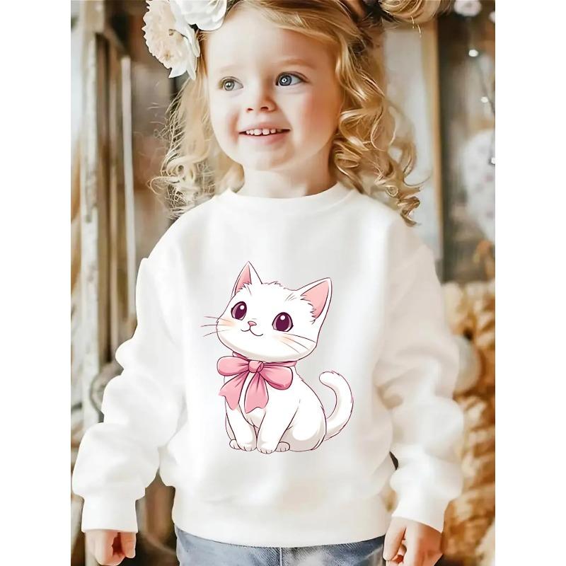 Kids Crewneck Sweatshirt, Cute White Cat with Pink Bow Graphic Print, Spring Autumn Casual Sport Tops 110