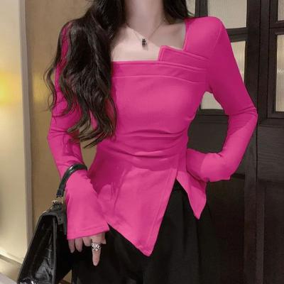 Sexy Square Neck Long Sleeved T-shirt Women's Autumn/Winter Shoulder Irregular Design Top Waist Collection Short Style Lining with A Base Shirt