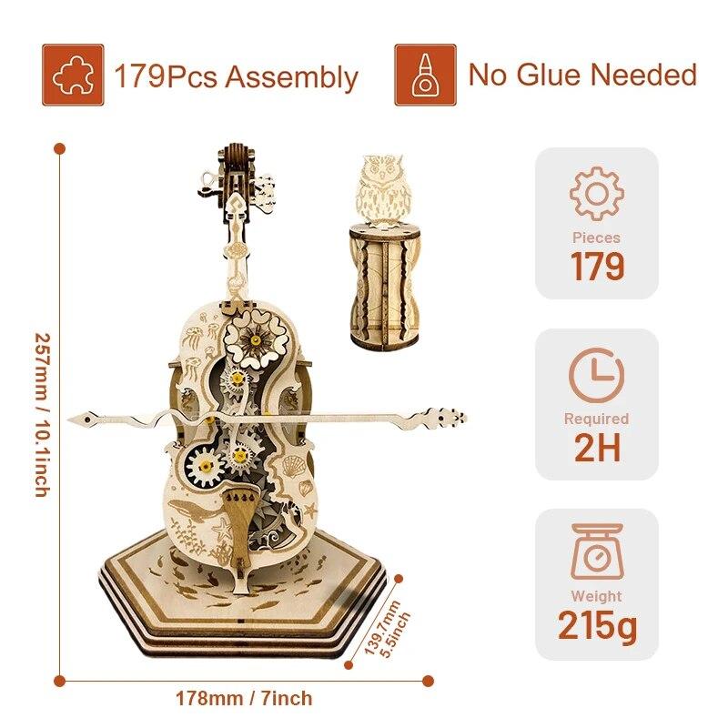 3D dřevěné puzzle Kouzelné violoncello mechanická hrací skříňka s pohyblivou stopkou Vtipná kreativní hračka pro dítě Sada stavebnic pro dívky Dospělý