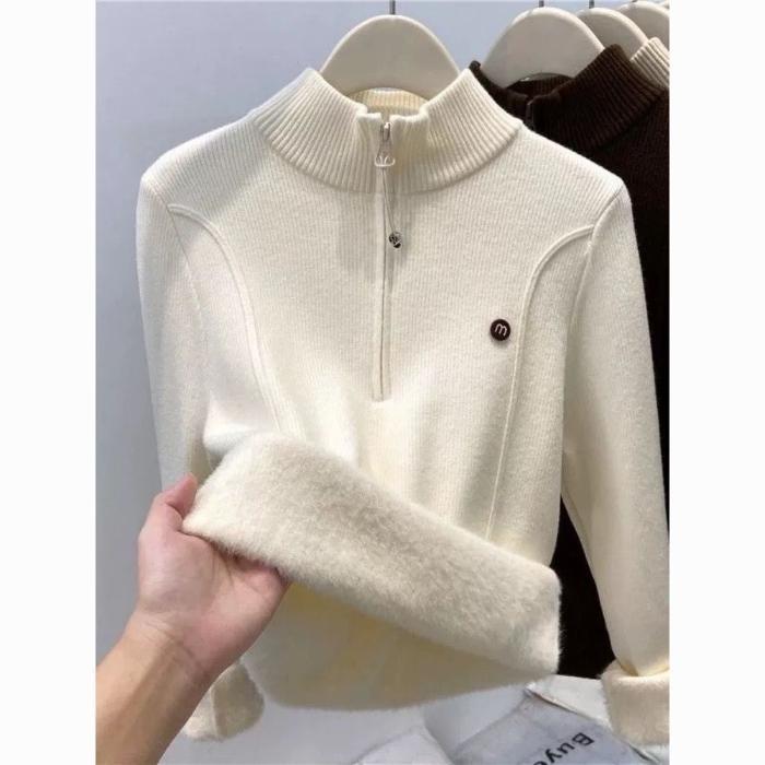Autumn Winter Women's Thickened Stand Up Collar Sweater Half Open Collar Zipper Velvet Warm High Neck Pullover