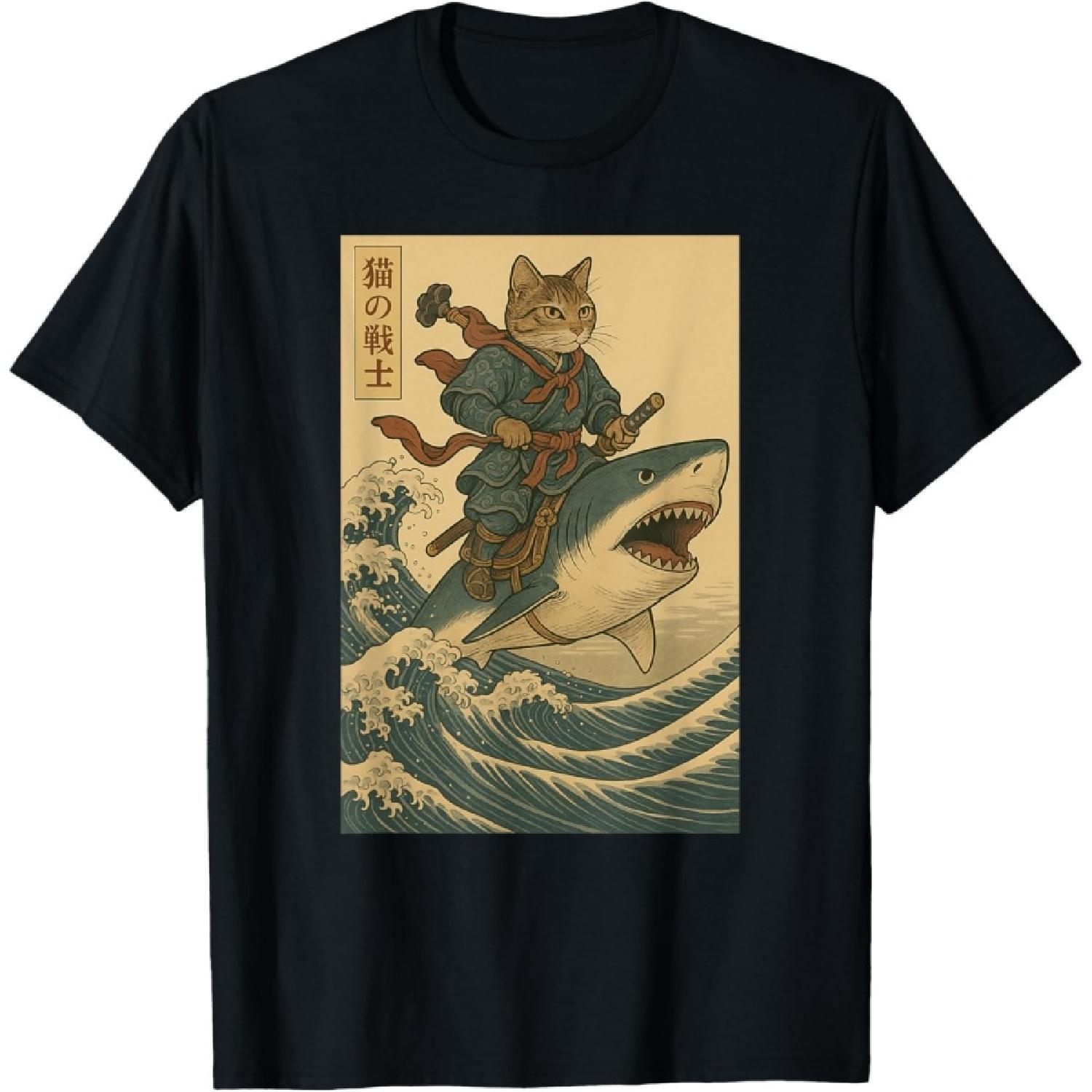 Vintage Anime Cat Japanese Funny Samurai Cat Riding Shark Men Women Kids T-Shirt S