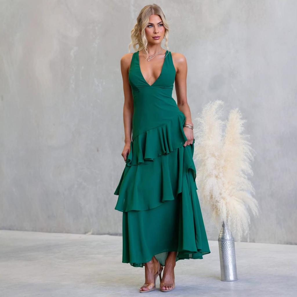 Summer Holiday Style V-neck Solid Color Splicing Long Halter Strap-on Dress 75