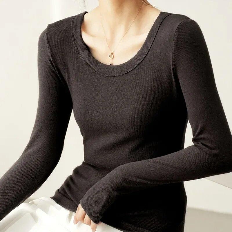 Fashion U-neck Pure Cotton Bottom T-shirt Women Tops Long Sleeve Loose Slim Womens T Shirt Autumn Solid Lady Casual Tees 30530