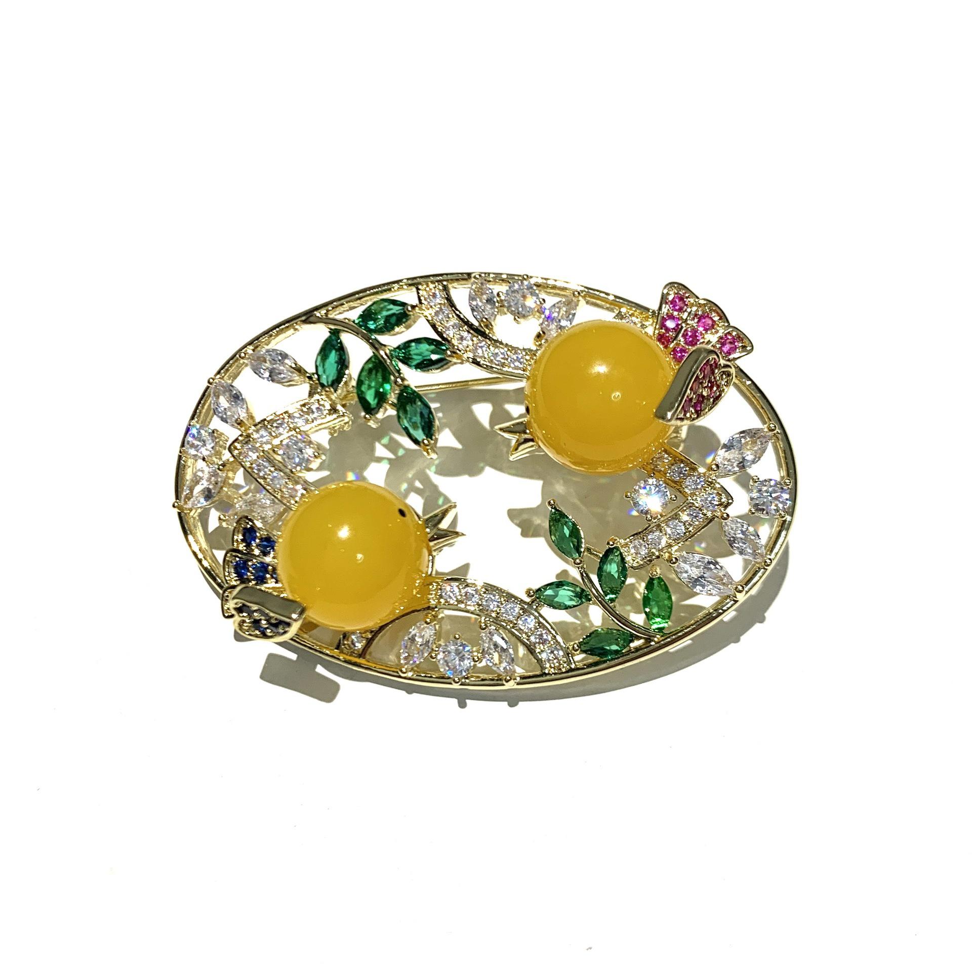 Yellow Agate Small Bird Brooch with Copper and Zircon - Cute Creative Design Clothing Accessory