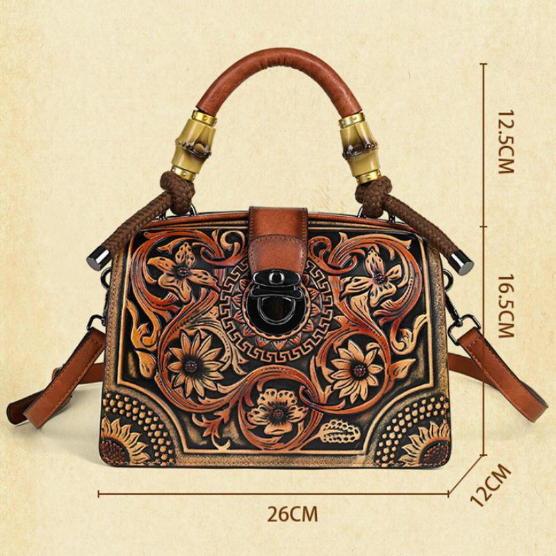 Johnature Vintage Luxury Handbag Handmade Leather Carved Women Bag Versatile Female Shoulder & Crossbody Bags