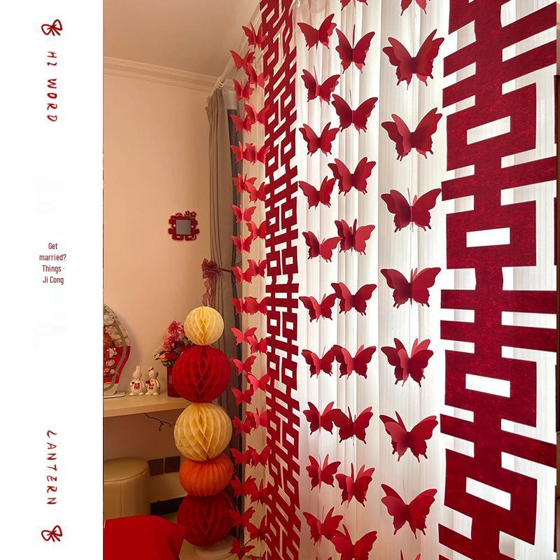 3D Butterfly Wedding Room Decoration Set: Double Happiness Curtains and Pull Flower Ornaments