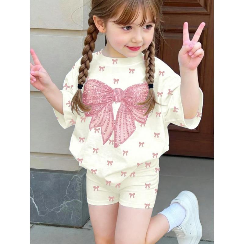 2-teiliges Sommer-Kinder-Freizeit-Sport-Trend-Set mit 3D-Musterdruck, Rundhals-T-Shirt und Shorts