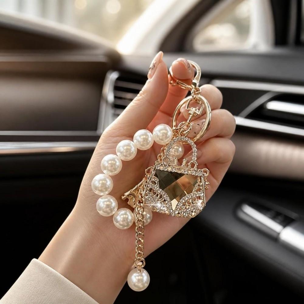 Decoration Bag Pendant Zircon Studded Rhinestone Bag Keychain Pearl Beads Key Chain For Women