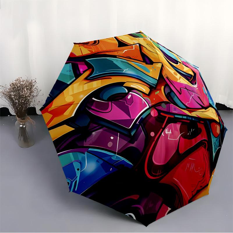 1PC Graffiti Artwork Automatic Windproof Umbrella 8 Rib Portable Folding Black Iron Frame for Outdoor, Beach, Travel, Beach Umbrella,S22