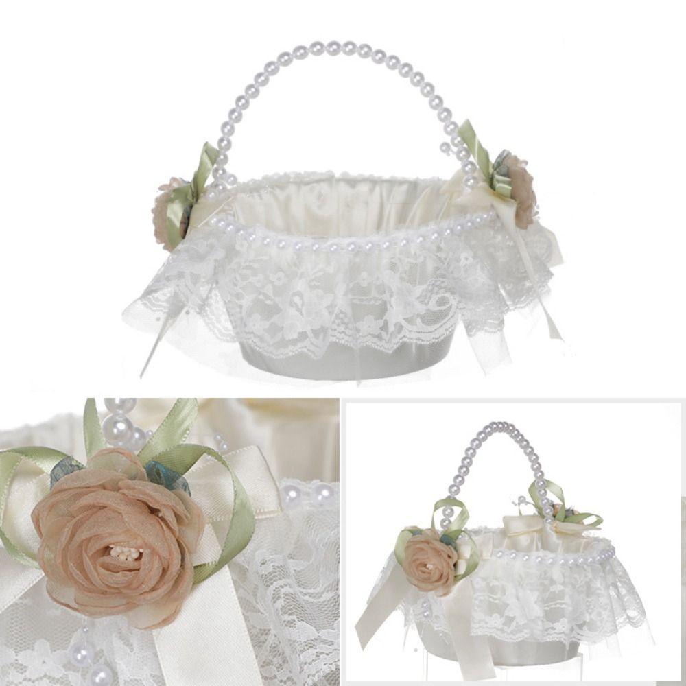 Ribbon Bow Flower Girls Basket Lace Satin Bow Hanbag Fashion Wedding Flower Basket  Party