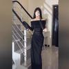 Practice, One-Word Shoulder Mesh Splicing Dress Sexy Black Mesh Shoulder Niche Dress Long Dress