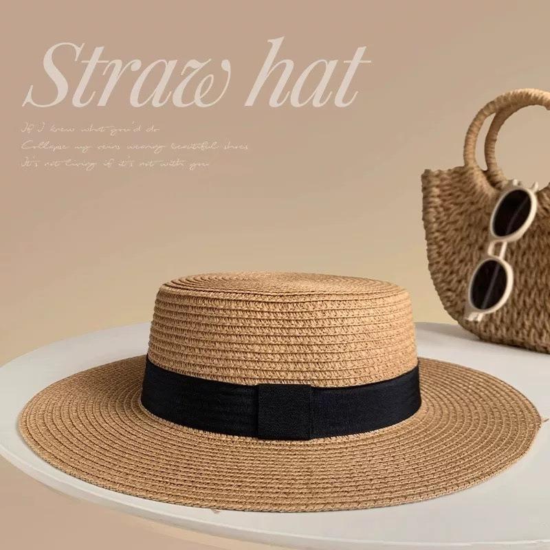 Flat top straw hat summer seaside vacation beach hat sun protection big head circumference retro temperament fashion sun protection hat