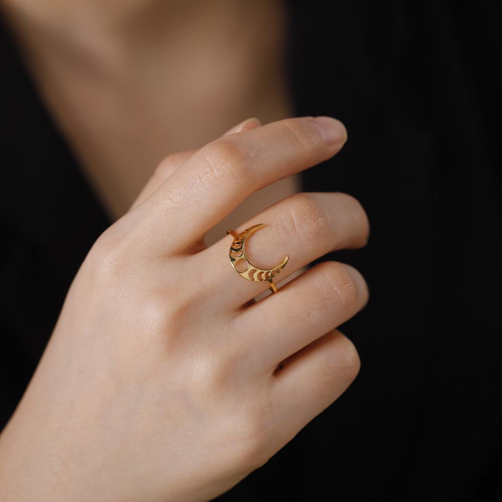 Teamer Moon Phase Ring Stainless Steel Jewelry for Women Men Gold Color Casual Party Pentagram Accessories Amulet Gift 2026