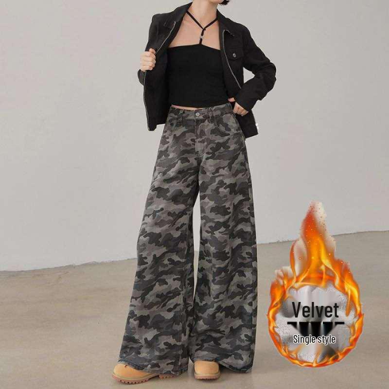 Women s High-Waisted Camouflage Wide-Leg Velvet Jeans - Winter Thickened, Floor-Length L