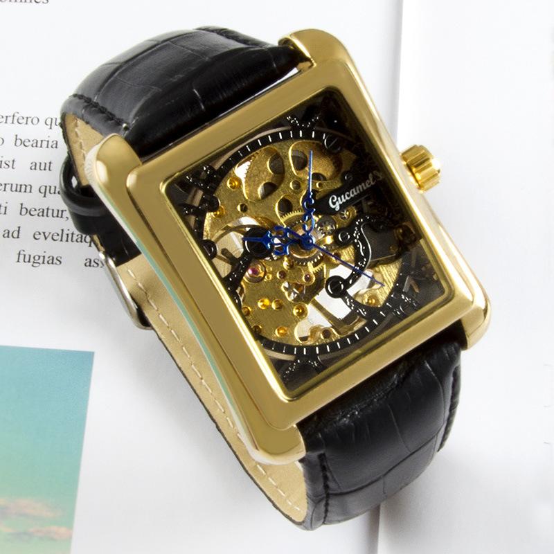 GUCAMEL Quadratische Uhr, transparente hohle mechanische Herrenuhr, manuelle mechanische Mode-Business-Gürteluhr