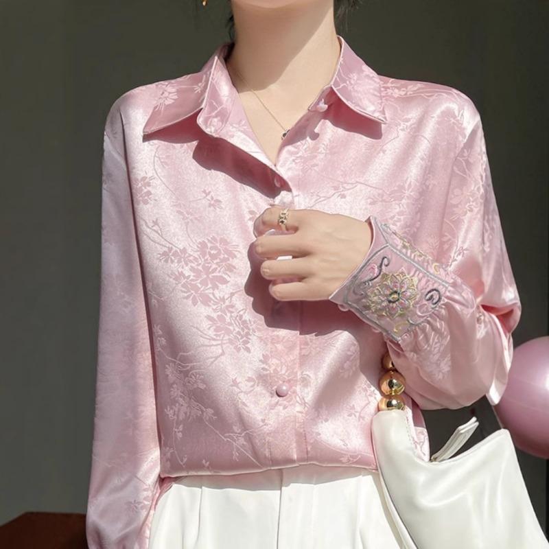 Women Embroidered Satin Shirt Turn Down Collar Long Sleeve Floral Jacquard Casual Blouse