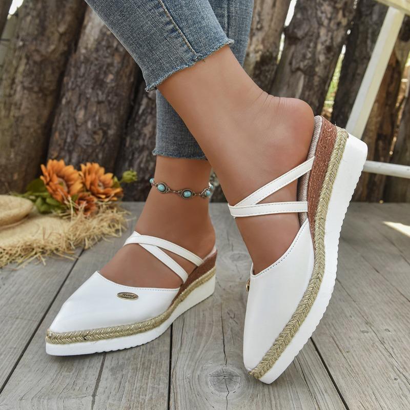 Fashion Baotou Rear Air Cool Mopping Summer New Pointed Toe Shallow Mouth Wedge Heel Light Hemp Rope Braiding Platform Shoes