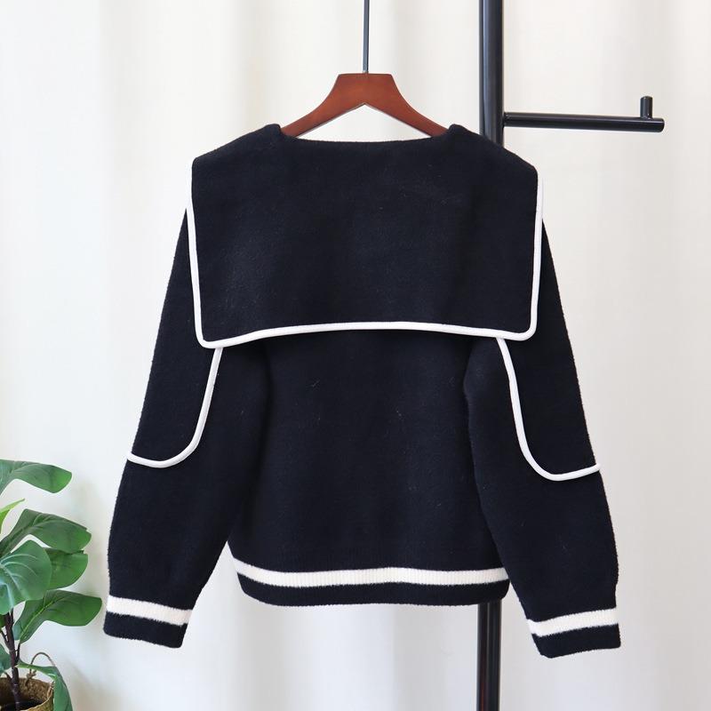 Autumn and winter new contrasting color navy collar knitted double-sided cardigan temperament loose sweater jacket women