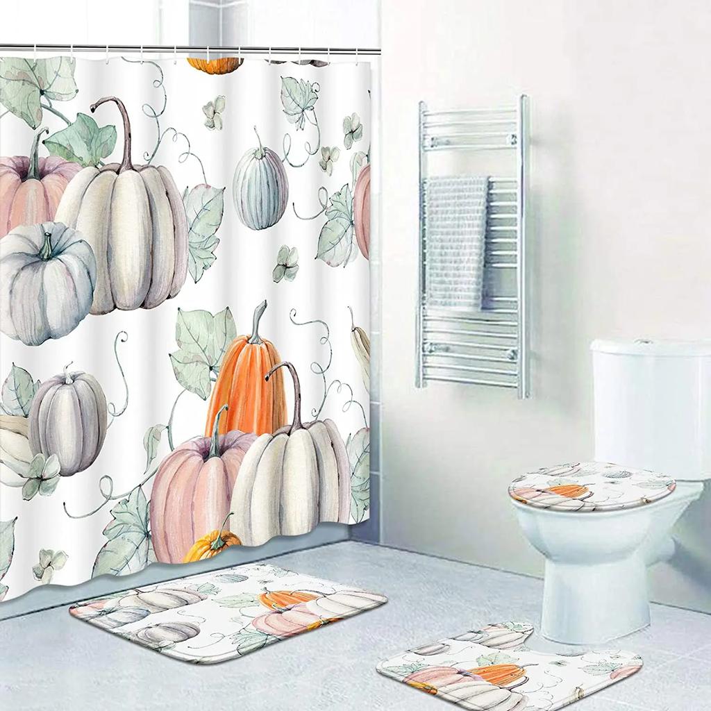 Shower Curtain Set Thanksgiving Pumpkins Fall Leaves November Season With Non-Slip Rugs Toilet Lid Cover Bath Mat Bathroom Set