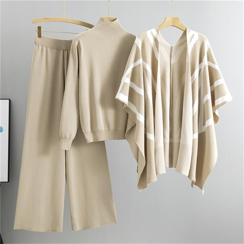 Women's Autumn And Winter New Lazy Style Casual Suit Knitted Sweater Shawl Cape Wide Leg Pants Three Piece Set