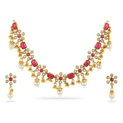 Conjunto de Colar Floral com Pedras de Rubi e Pérolas Brancas para Mulheres e Meninas – Festivo & Casamento